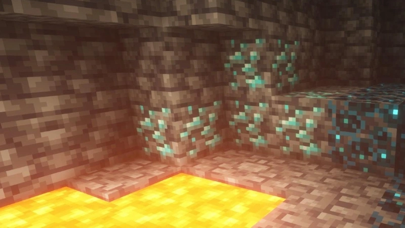 Deep ravine with diamond ore visible Minecraft