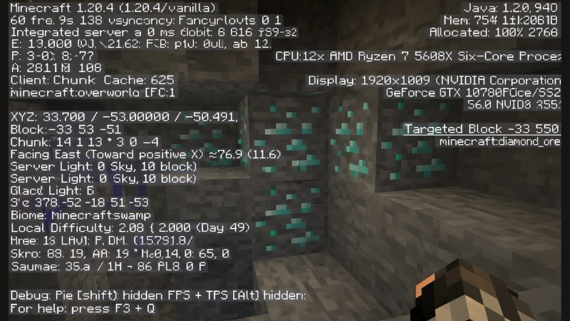 F3 debug screen showing Y coordinate for diamonds