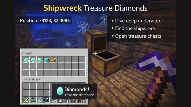 Shipwreck treasure diamonds Minecraft