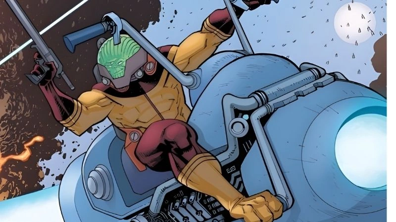 Space Racer wielding the Infinity Ray on his technopathically bonded hoverbike in deep space