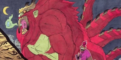 Son Goku the Four-Tails ape-like tailed beast using Lava Release in Naruto