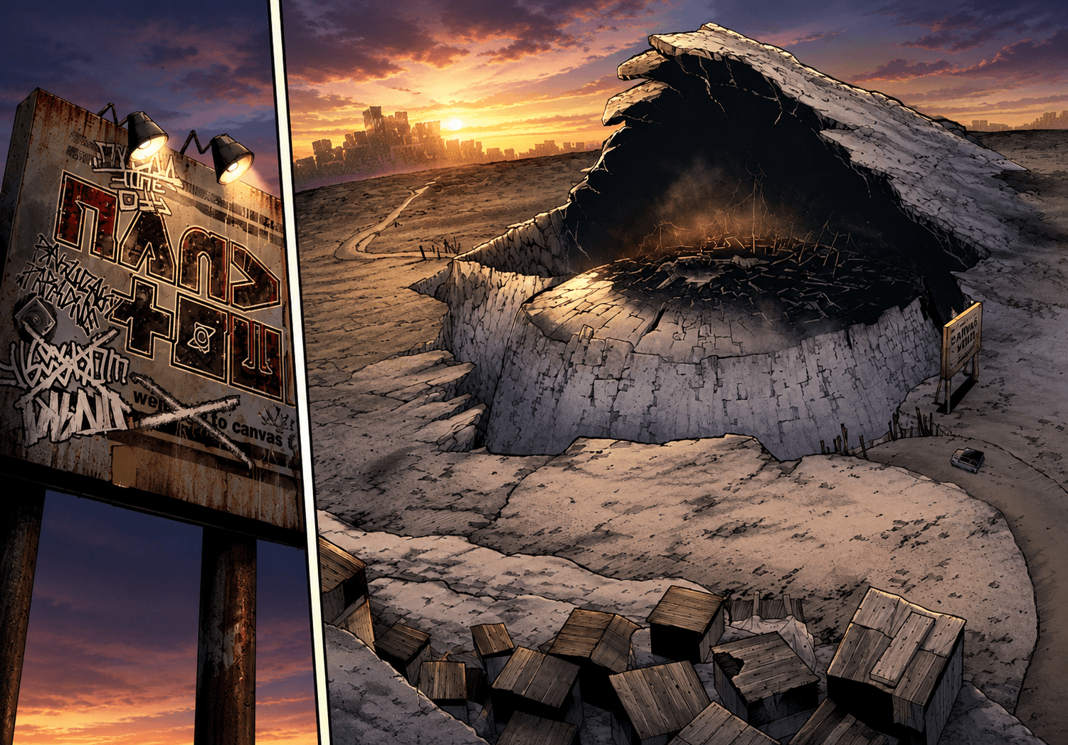 Canvas Town built inside a crater dome in Gachiakuta