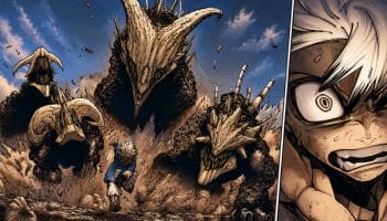Rudo Surebrec facing a massive Trash Beast after falling into the Pit in Gachiakuta