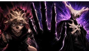 Rudo and Enjin battling Mymo in his divine transcendental form in Gachiakuta