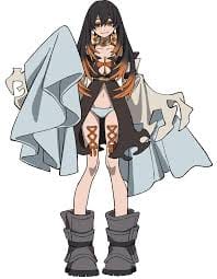 Amo Empool with her dark hair, orange eyes and Watchman Series boots in Gachiakuta
