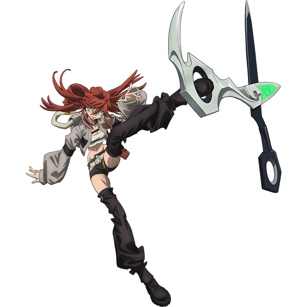 Riyo Reaper with her red scissors-shaped hair and The Ripper in Gachiakuta