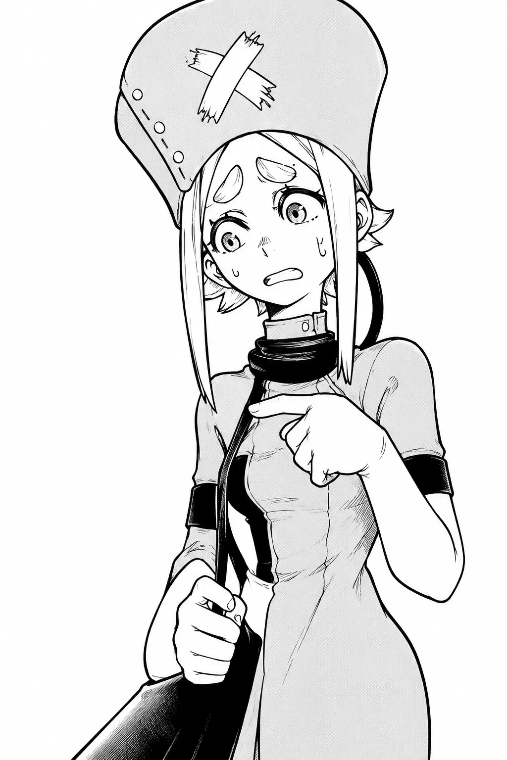 Eishia Stilza in her nurse uniform with her tall hat and The Cord wrapped around her neck in Gachiakuta