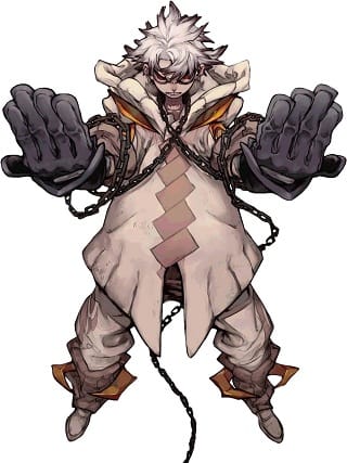 Rudo Surebrec with white hair and red eyes wearing his 3R gloves in Gachiakuta