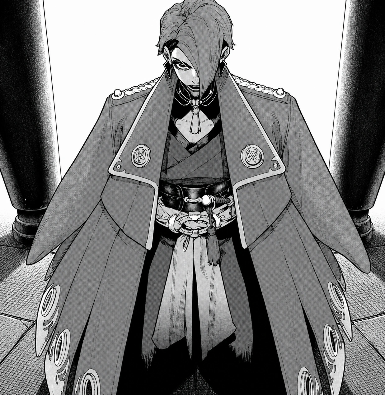 Kyoka Nijiku in her Hell Guard commander's coat with tassel earrings in Gachiakuta
