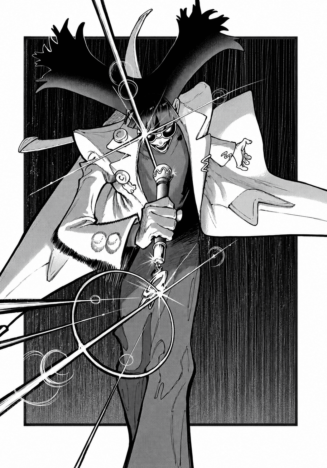 Mymo in his white coat with orange sunglasses using his power