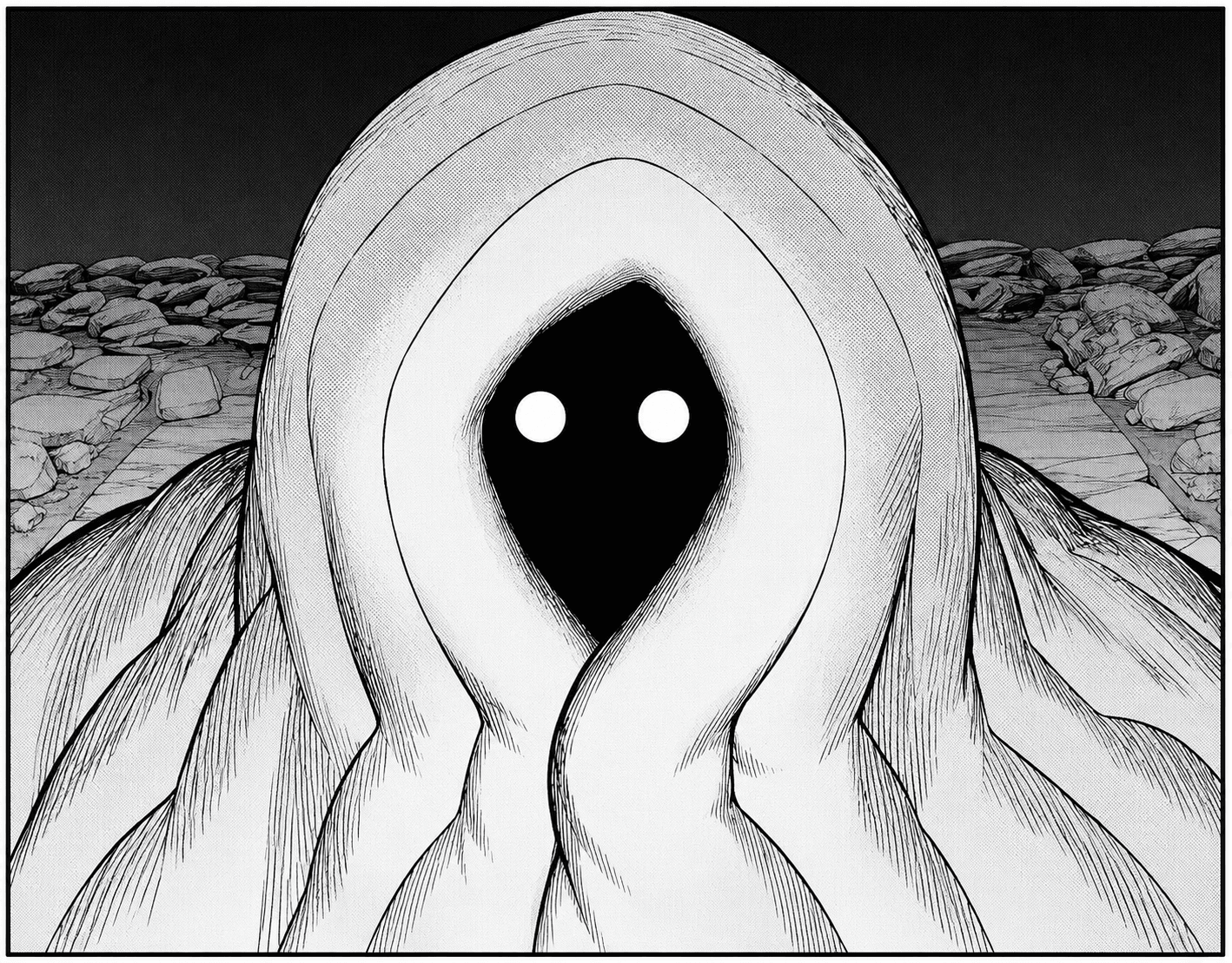 Shikage wrapped in his olive green blanket with glowing yellow eyes in the dark command room in Gachiakuta