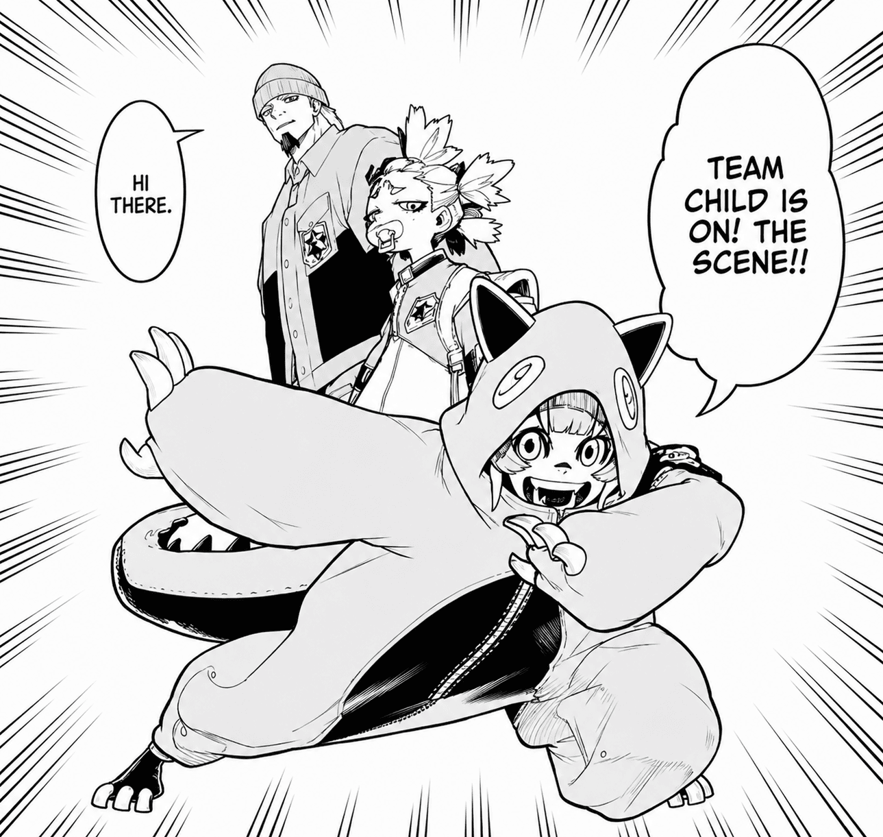 Bro Santa with his pale green bandana and Team Child in Gachiakuta