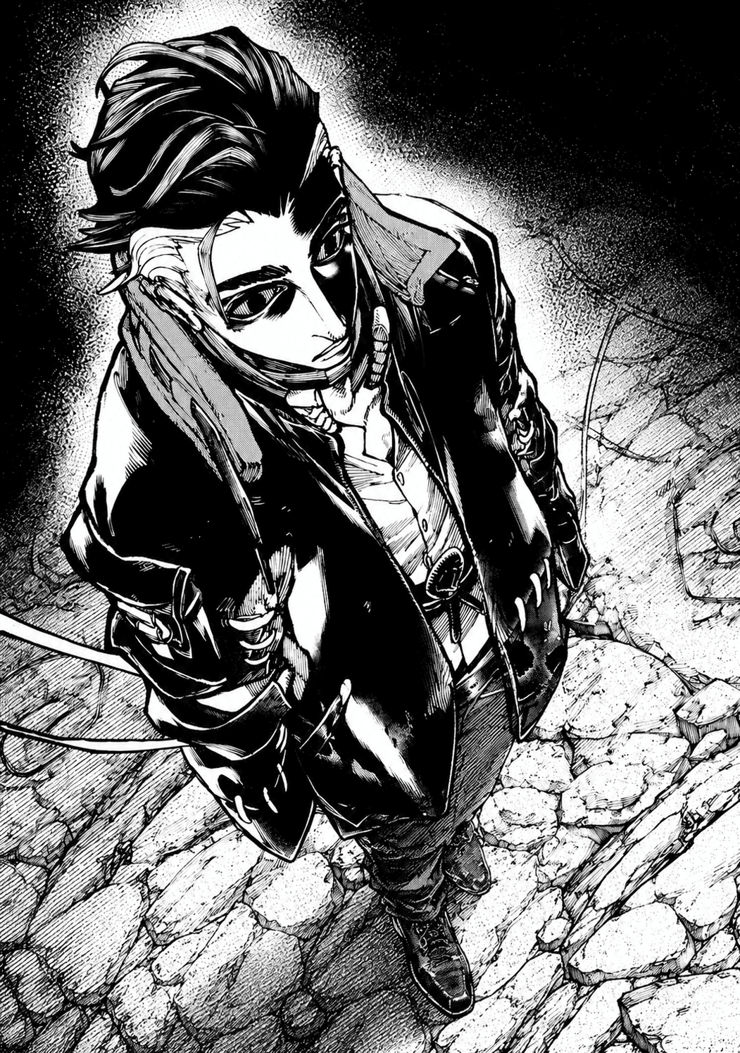 Zodyl Typhon with his distinctive mullet and purple eyes in his Watchman Series coat in Gachiakuta