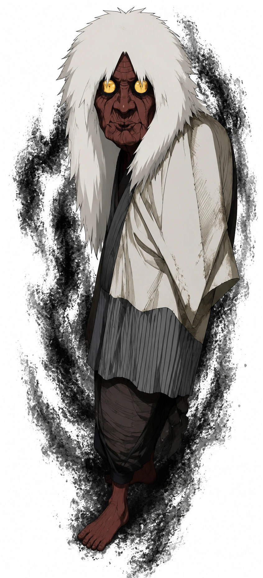 Turbo Granny in her yokai form with wild white hair and glowing eyes in Dandadan