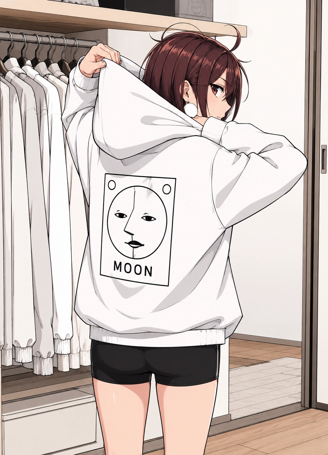 Momo Ayase in her MOON hoodie with her signature large white disc earrings in Dandadan