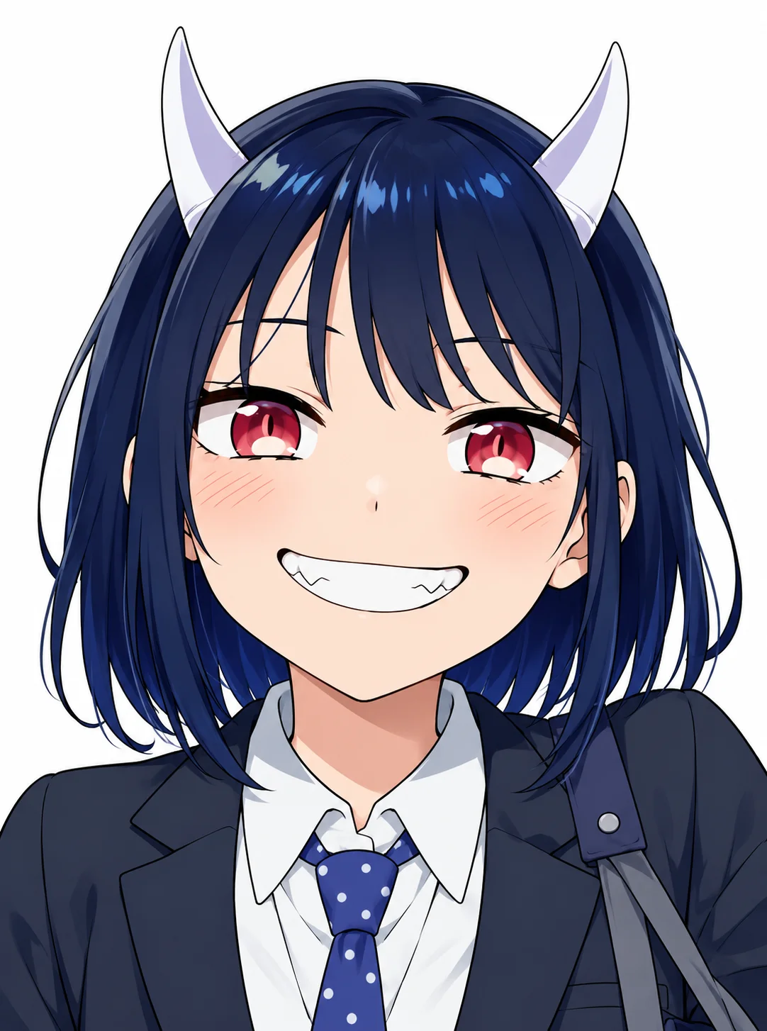 Ruri Aoki with her white horns and dark hair in her Kuromata High School uniform in RuriDragon