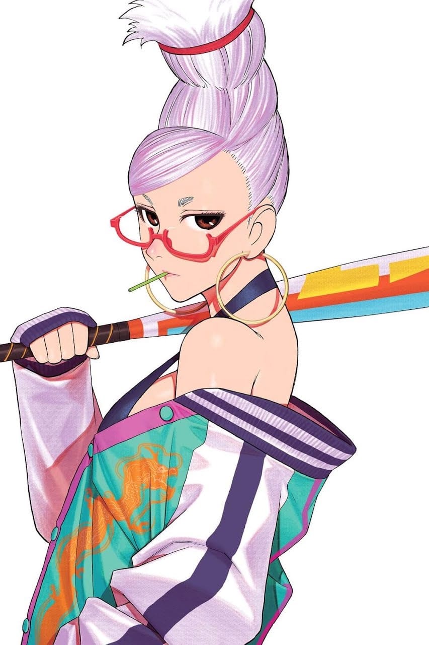 Seiko Ayase in her varsity jacket with cigarette and signature glasses in Dandadan