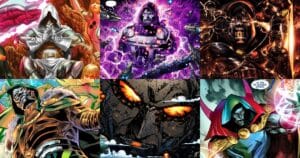 Collage of the strongest Doctor Doom variants in Marvel Comics, including God Emperor Doom, Doomactus, and Sorcerer Supreme Doom